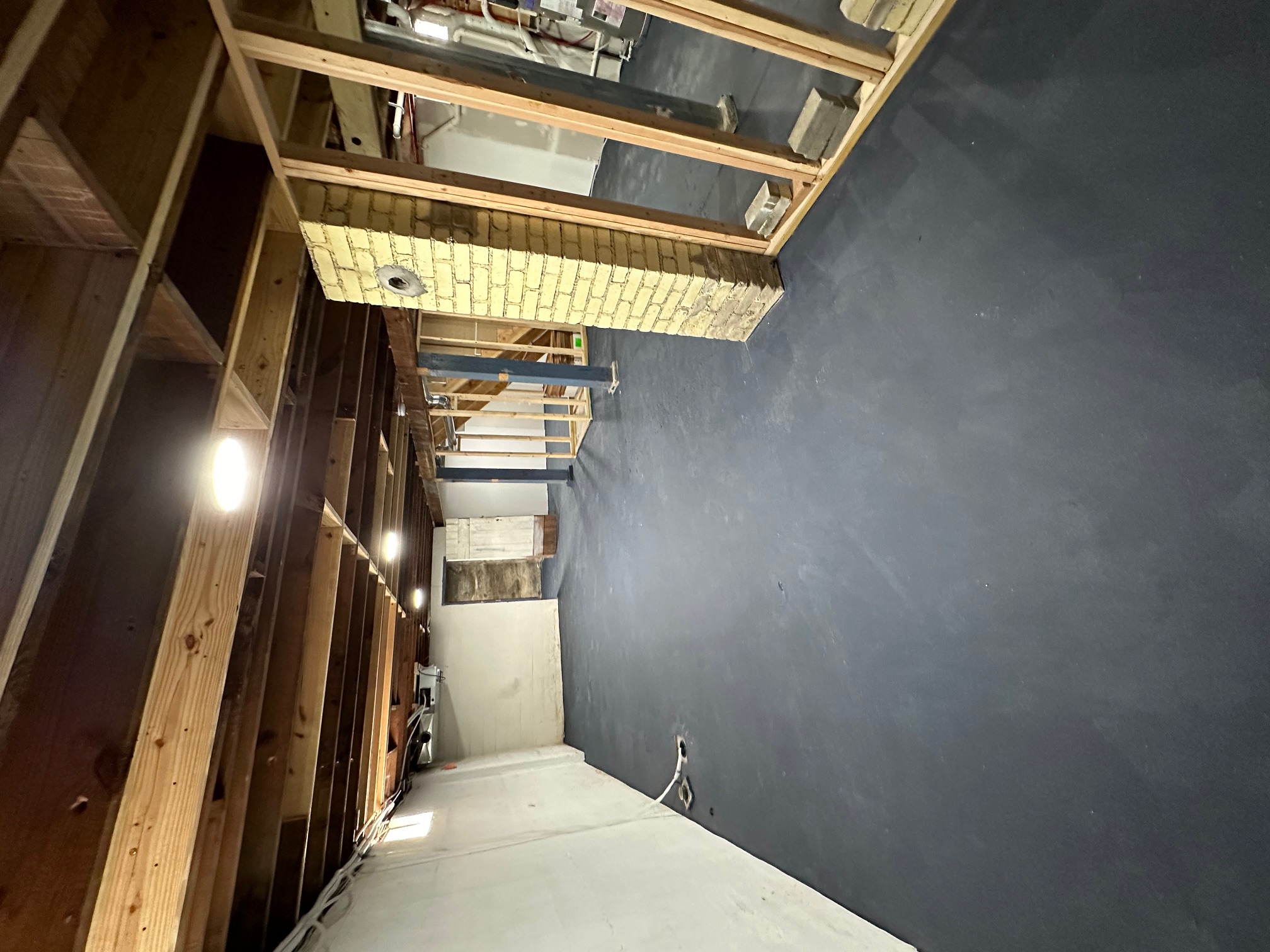 Basement showing the original brick chimney column, exposed framing, and overhead lighting